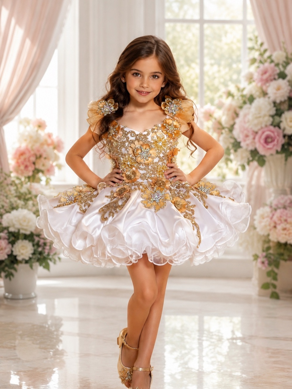 Girls white Princess pageant, Christmas holidays flower girls white gold glitz